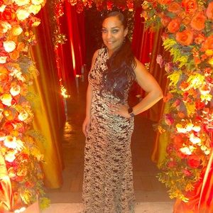 One shoulder gold floral dress.